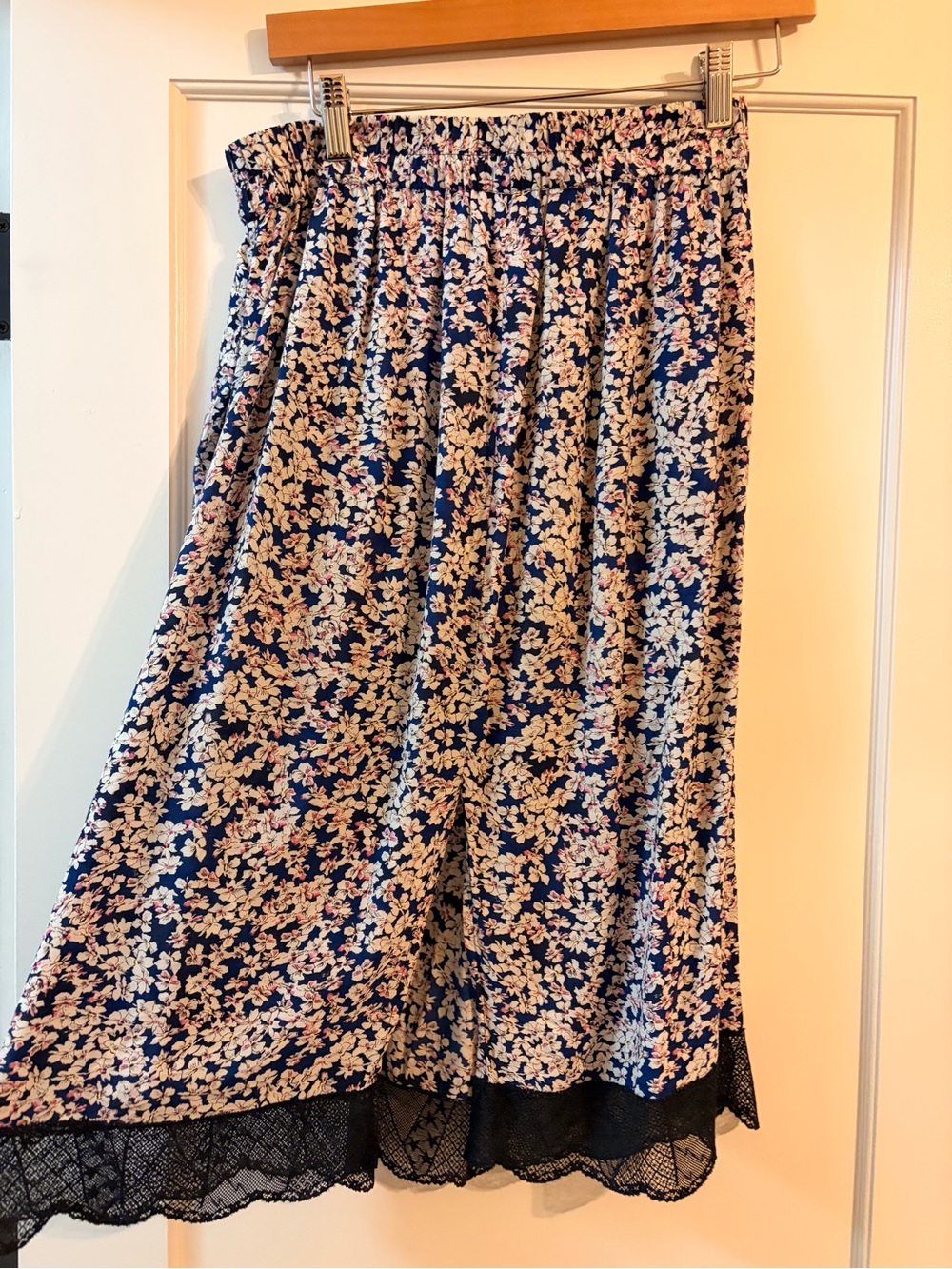 Zadig & Voltaire Navy Floral Midi Skirt with Black Lace Hem
